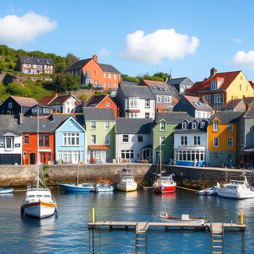 A busy Irish coastal town with colourful buildings and boats in the harbour.