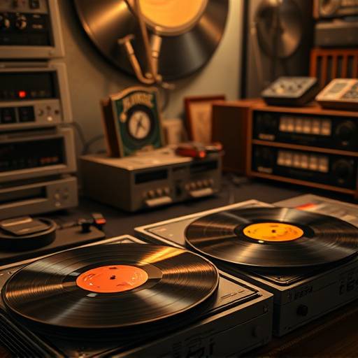A collection of vinyl records and music equipment.