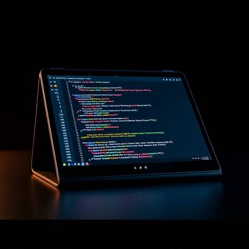 A compact, foldable laptop with a high-resolution screen displaying code.