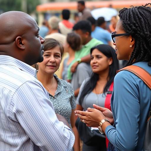 A diverse group of people engaged in a public discussion.