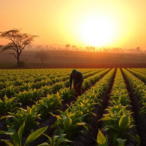 A farmer tending to crops in a fertile African landscape