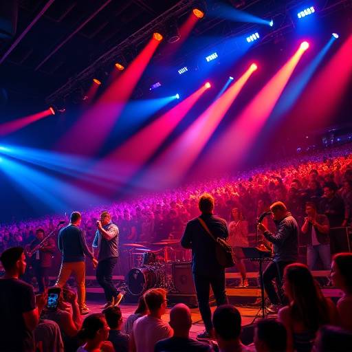 A group of musicians performing on a stage with vibrant lighting.
