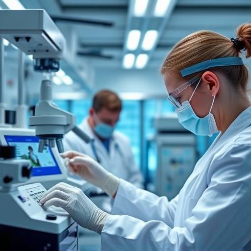 A high-tech laboratory setting with scientists working on advanced gene sequencing equipment.