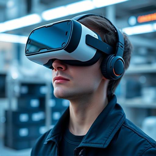 A person wearing a VR headset interacting with holographic projections of complex molecules.