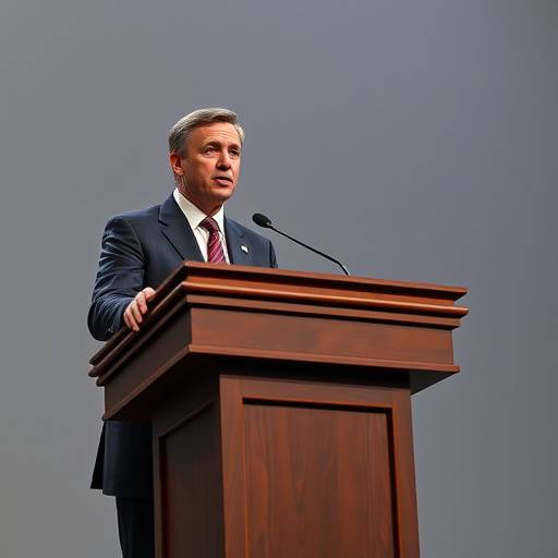 A politician speaking at a podium during a parliamentary debate