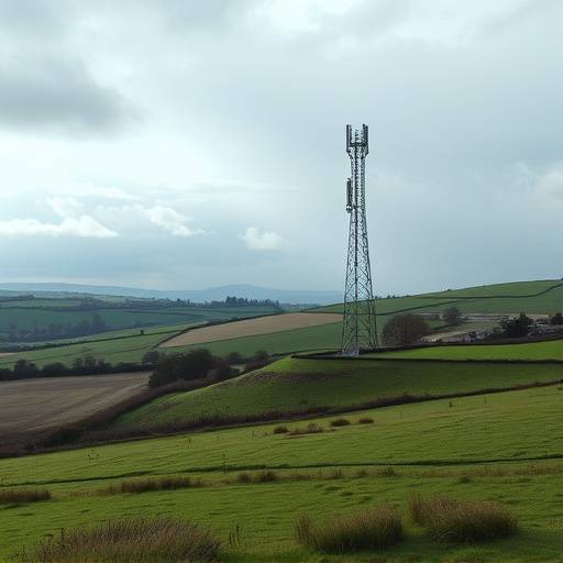 A rural Irish landscape with a visible cell tower in the distance.