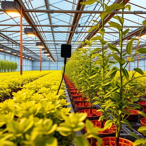 A smart farm sensor array monitoring plant growth and soil conditions in a greenhouse.