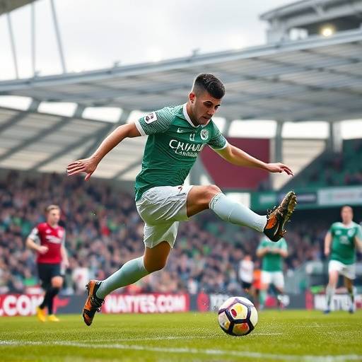 Action shot of a Cork City FC player scoring a goal during a soccer match