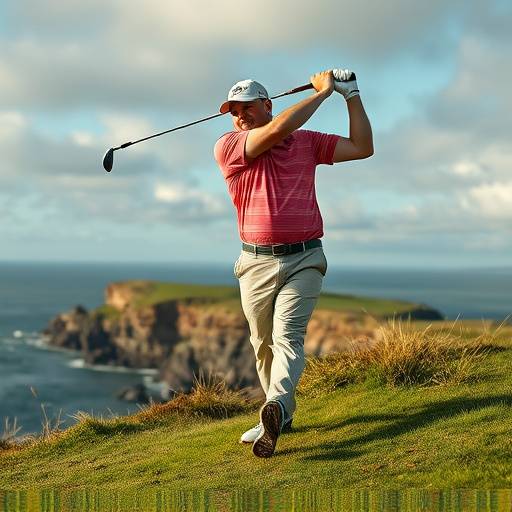 Action shot of Shane Lowry mid-swing on a golf course, with the Irish coastline in the background