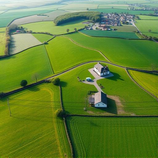 Aerial view of lush green Irish farmland with a farmhouse in the distance.