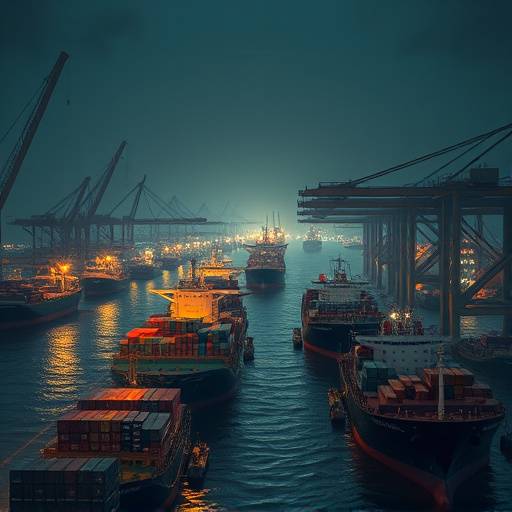 Busy port with cargo ships in an Asian country