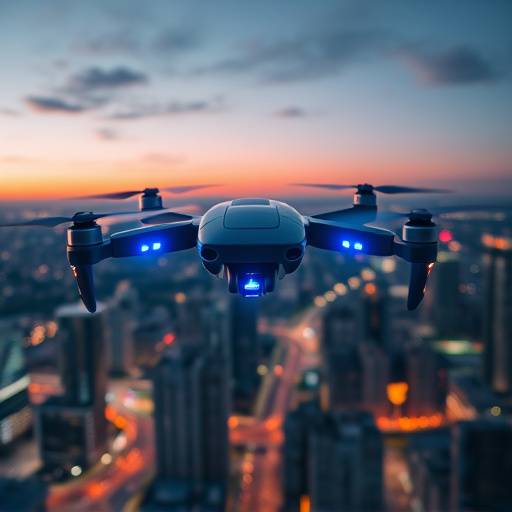 Close-up of a futuristic drone with glowing blue lights, hovering over a cityscape at dusk.