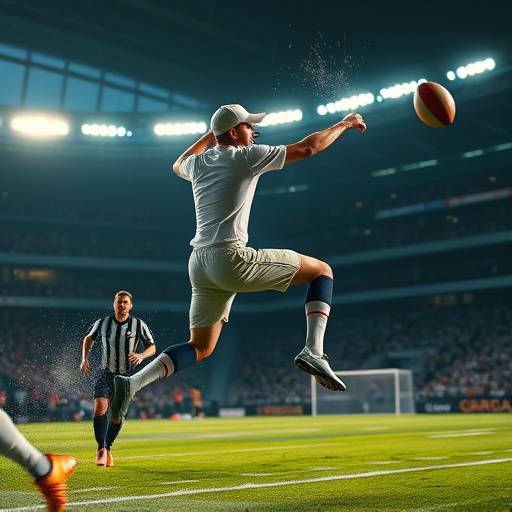 Dynamic action shot of a hurler in mid-air, striking a sliotar