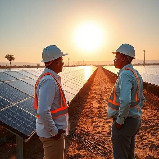 Engineers inspecting a solar power farm in Africa