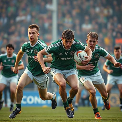 Gaelic football players in action during a championship match