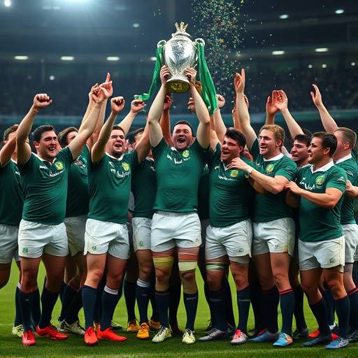 Group photo of the Irish Rugby team celebrating a victory, lifting a trophy
