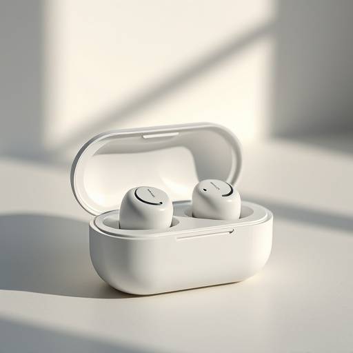 High-fidelity wireless earbuds in their charging case, with a soft, diffused light.