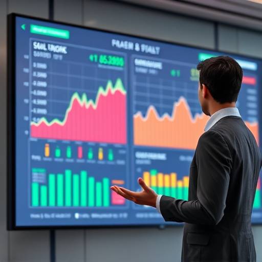 Image of a person presenting financial data on a large screen