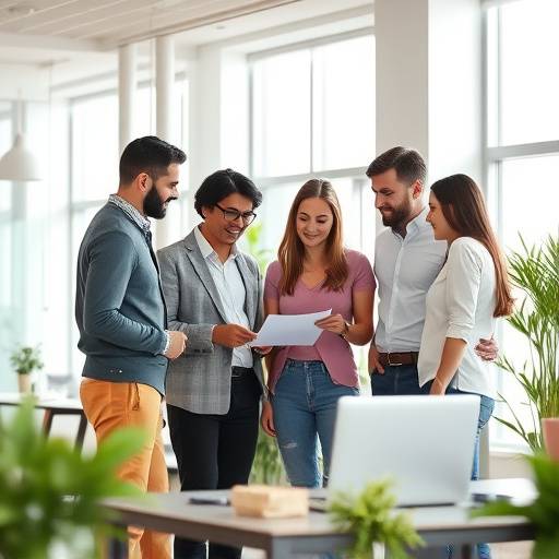 Image of diverse team collaborating in a bright office space