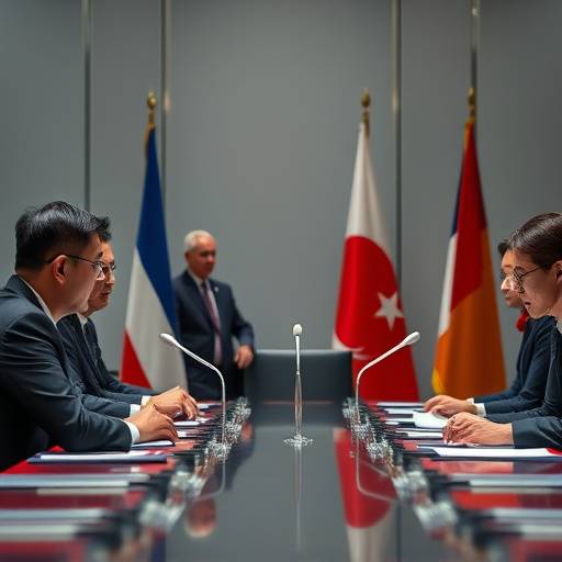 International diplomats shaking hands at a summit table, discussing global trade agreements.
