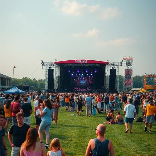 People attending an outdoor concert festival in a green field