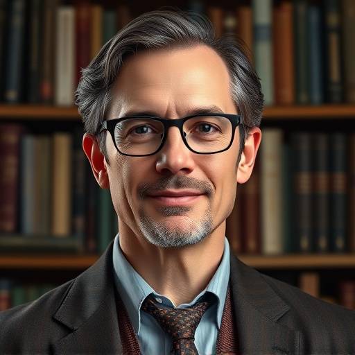 Portrait of a distinguished academic with a background of books.