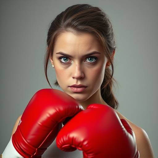 Portrait of Katie Taylor, focused and determined, holding boxing gloves