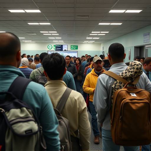 Refugees being processed at a reception center