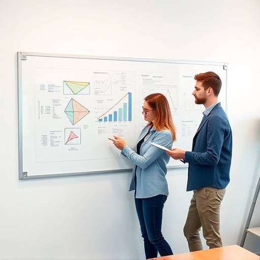 Team of young professionals collaborating around a whiteboard filled with diagrams and notes.