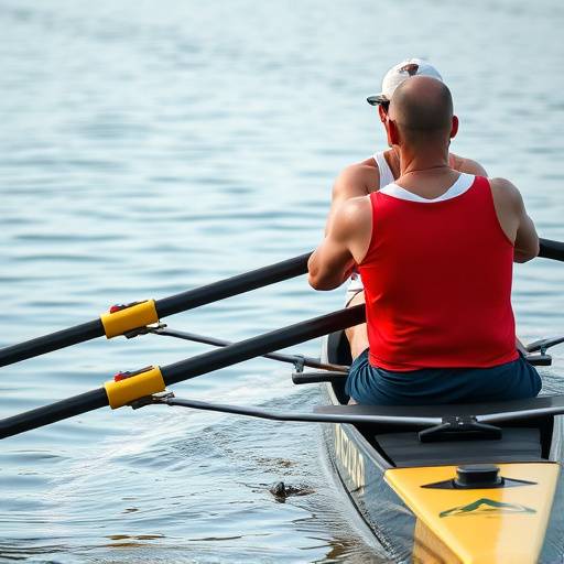 Two rowers powering their boat through calm water during a competition