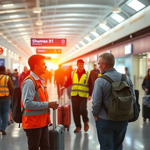 Workers at Shannon Airport attending to passengers during a disruption.